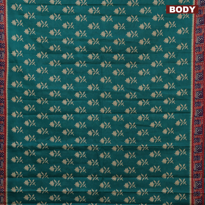 Muslin cotton saree teal green with allover floral butta prints and printed border