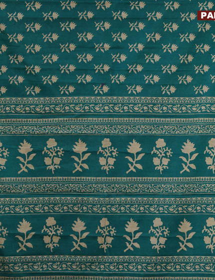 Muslin cotton saree teal green with allover floral butta prints and printed border