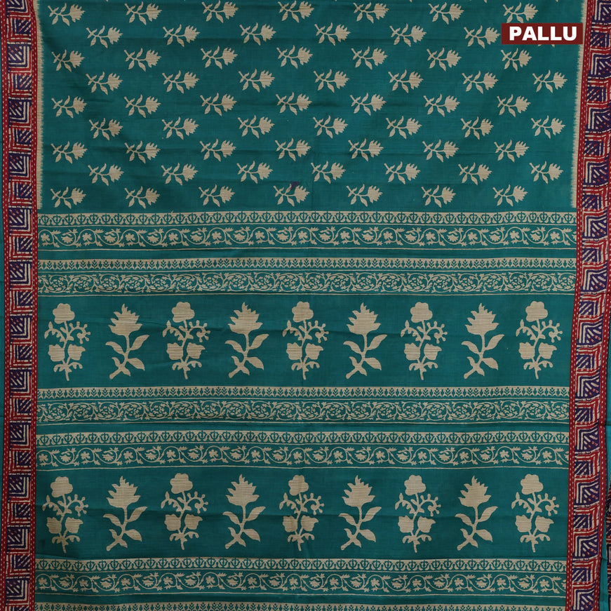 Muslin cotton saree teal green with allover floral butta prints and printed border