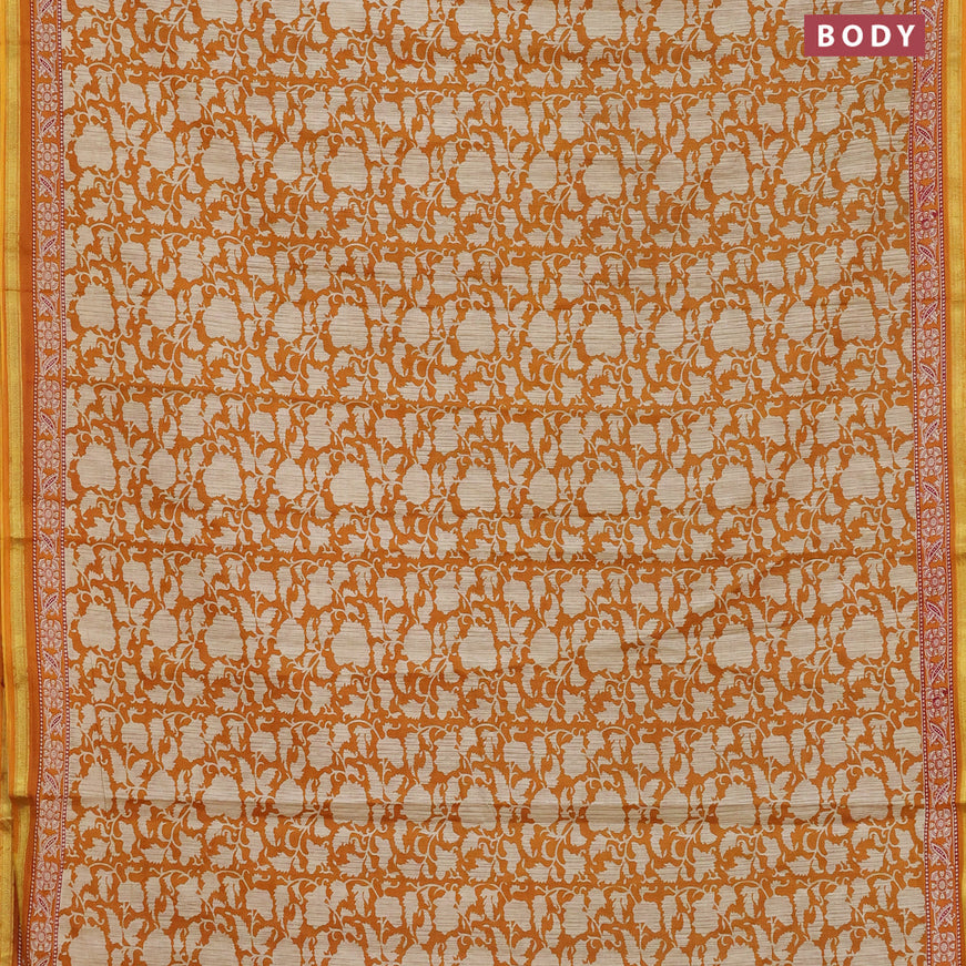 Muslin cotton saree mustard shade with allover prints and small zari woven border