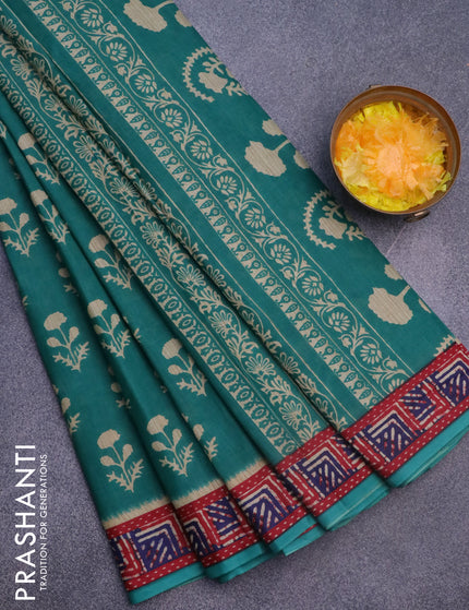 Muslin cotton saree teal green with allover floral butta prints and printed border