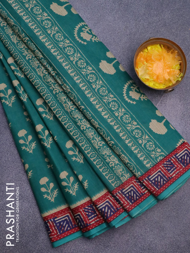 Muslin cotton saree teal green with allover floral butta prints and printed border