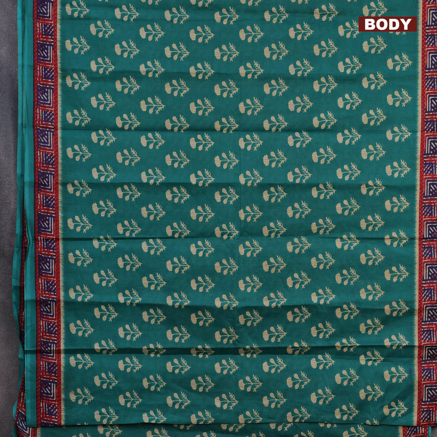 Muslin cotton saree teal green with allover floral butta prints and printed border