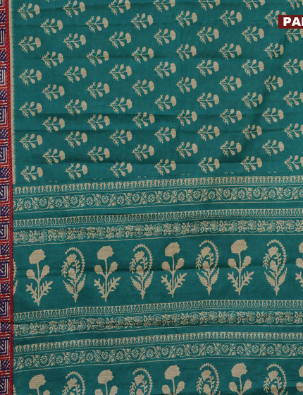 Muslin cotton saree teal green with allover floral butta prints and printed border