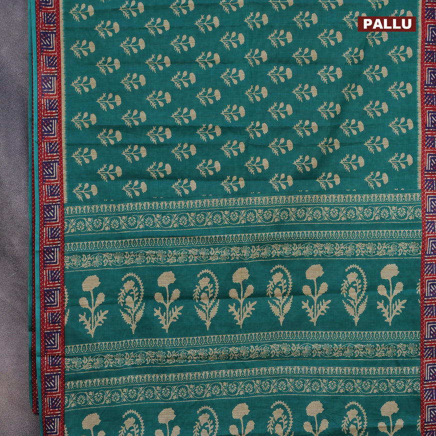 Muslin cotton saree teal green with allover floral butta prints and printed border