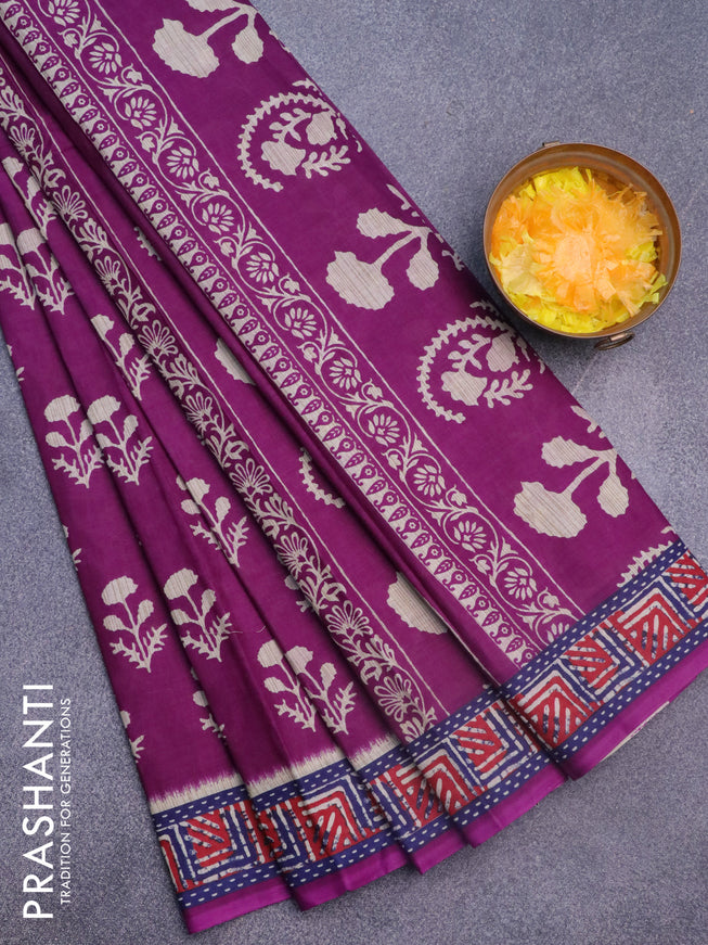 Muslin cotton saree deep purple with allover floral butta prints and printed border