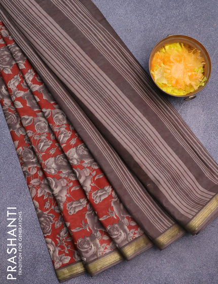 Muslin cotton saree rust shade and grey with allover floral prints and small zari woven border