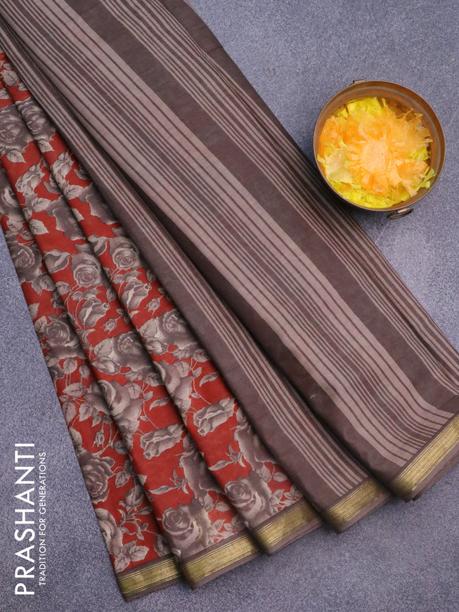 Muslin cotton saree rust shade and grey with allover floral prints and small zari woven border