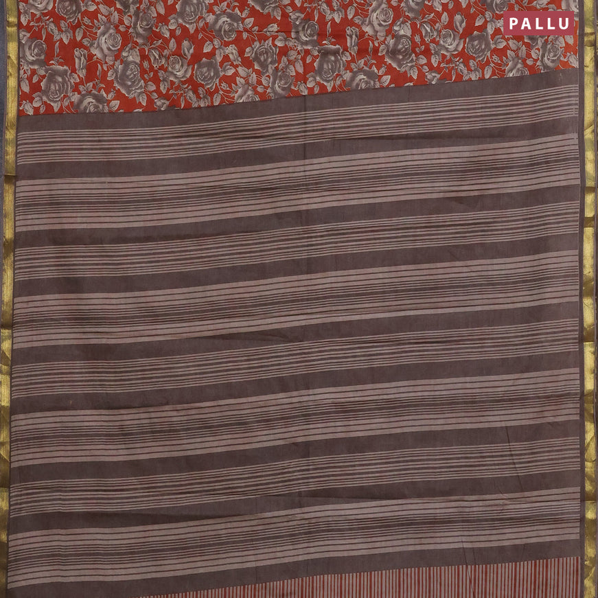 Muslin cotton saree rust shade and grey with allover floral prints and small zari woven border