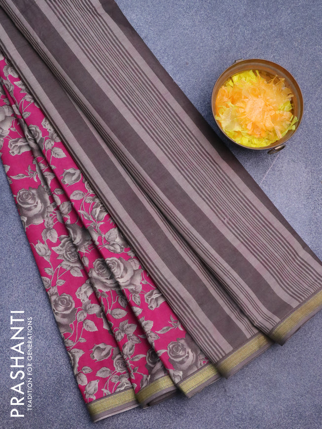 Muslin cotton saree pink and grey with allover floral prints and small zari woven border