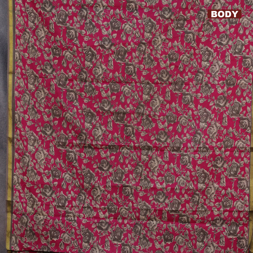 Muslin cotton saree pink and grey with allover floral prints and small zari woven border