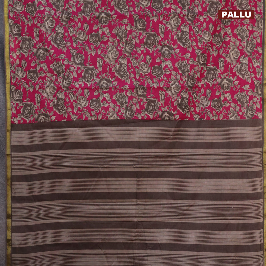 Muslin cotton saree pink and grey with allover floral prints and small zari woven border