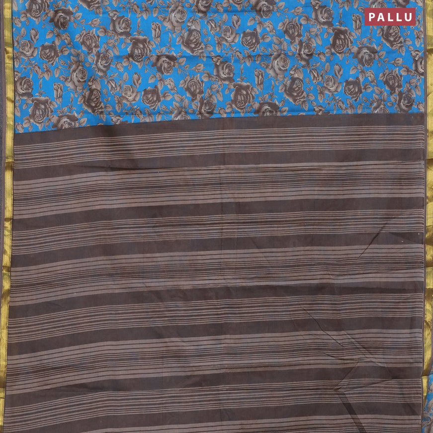 Muslin cotton saree cs blue and grey with allover floral prints and small zari woven border