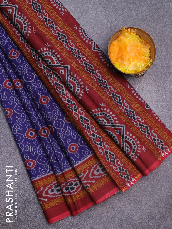 Muslin cotton saree blue and maroon with allover prints and printed border