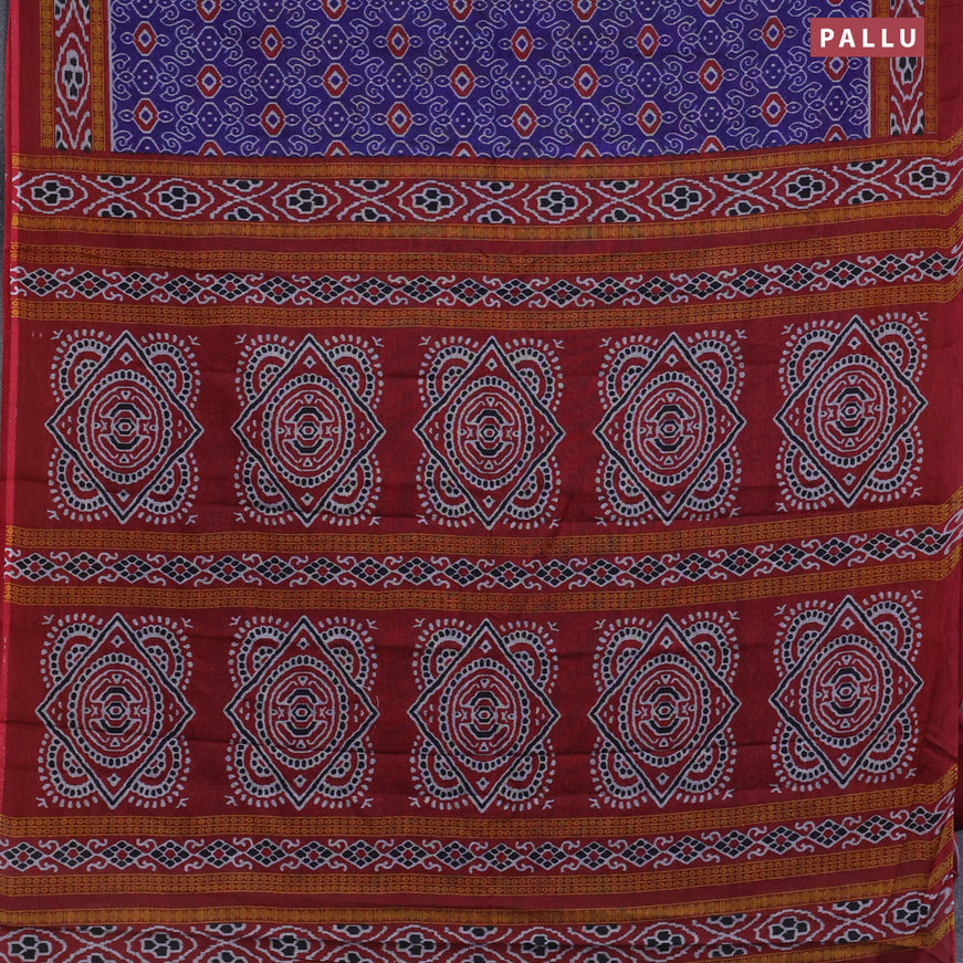 Muslin cotton saree blue and maroon with allover prints and printed border