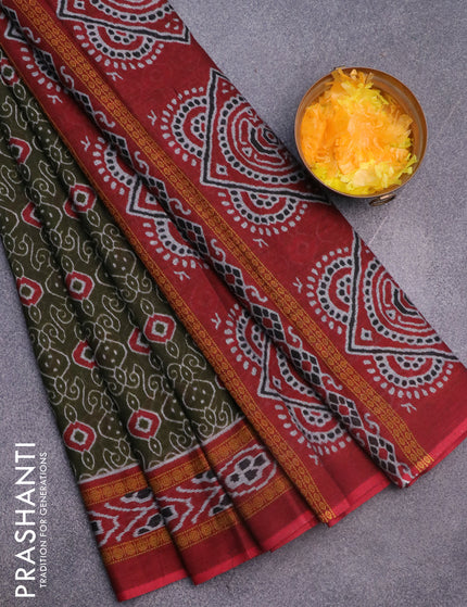 Muslin cotton saree sap green and maroon with allover prints and printed border