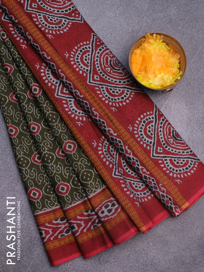 Muslin cotton saree sap green and maroon with allover prints and printed border