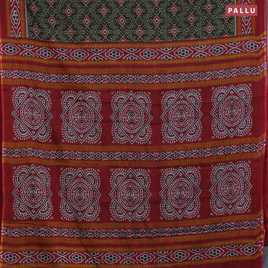 Muslin cotton saree sap green and maroon with allover prints and printed border