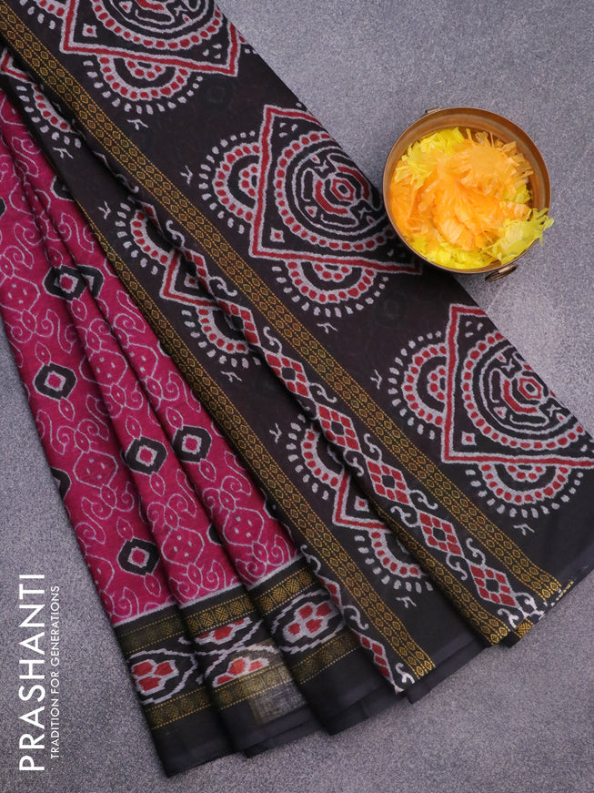 Muslin cotton saree magenta pink and black with allover prints and printed border