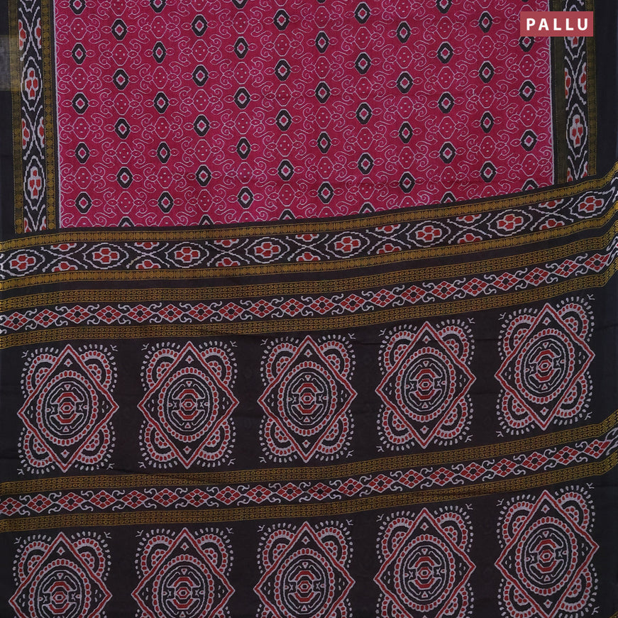 Muslin cotton saree magenta pink and black with allover prints and printed border