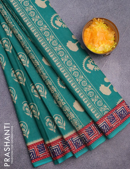 Muslin cotton saree teal green with butta prints and printed border