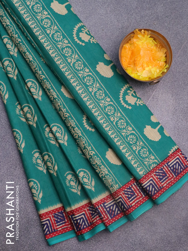 Muslin cotton saree teal green with butta prints and printed border