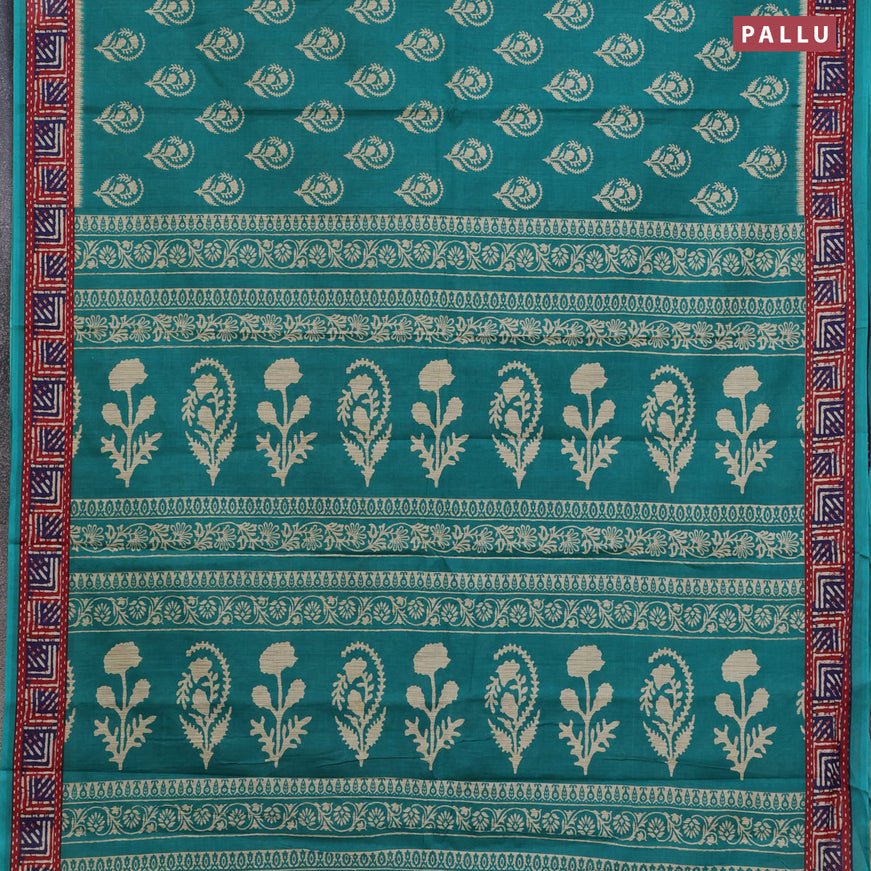 Muslin cotton saree teal green with butta prints and printed border