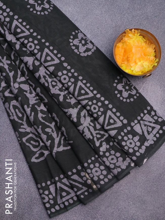 Muslin cotton saree dark green with allover batik prints and printed border