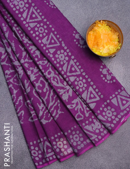 Muslin cotton saree purple with allover batik prints and printed border