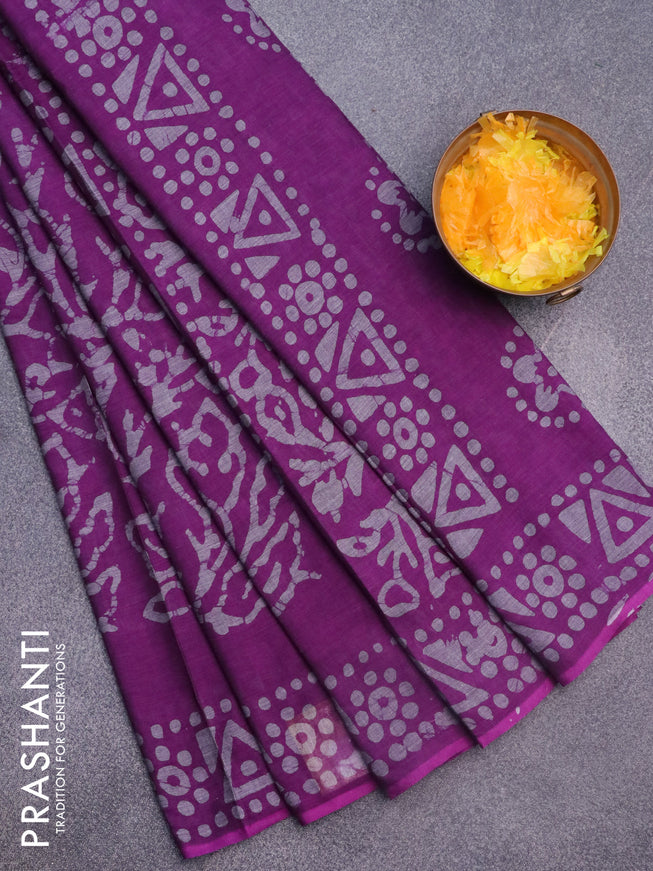 Muslin cotton saree purple with allover batik prints and printed border