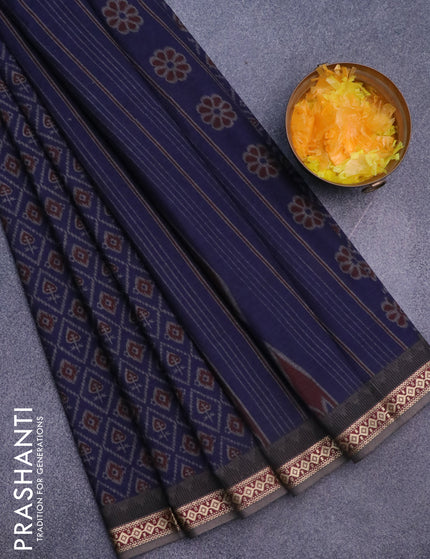 Muslin cotton saree dark blue and grey with allover ikat prints and woven border