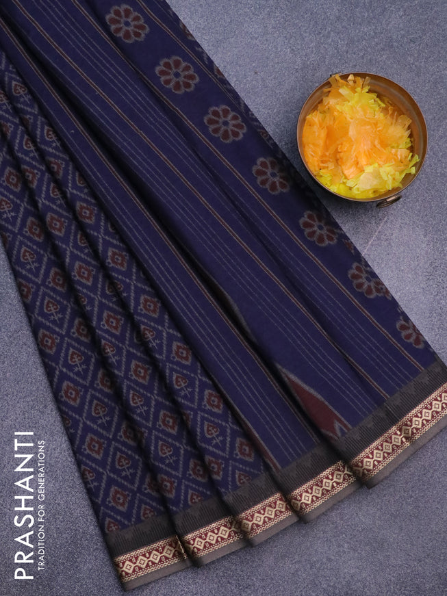 Muslin cotton saree dark blue and grey with allover ikat prints and woven border