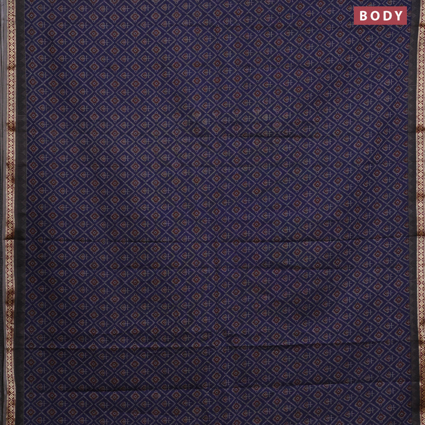 Muslin cotton saree dark blue and grey with allover ikat prints and woven border