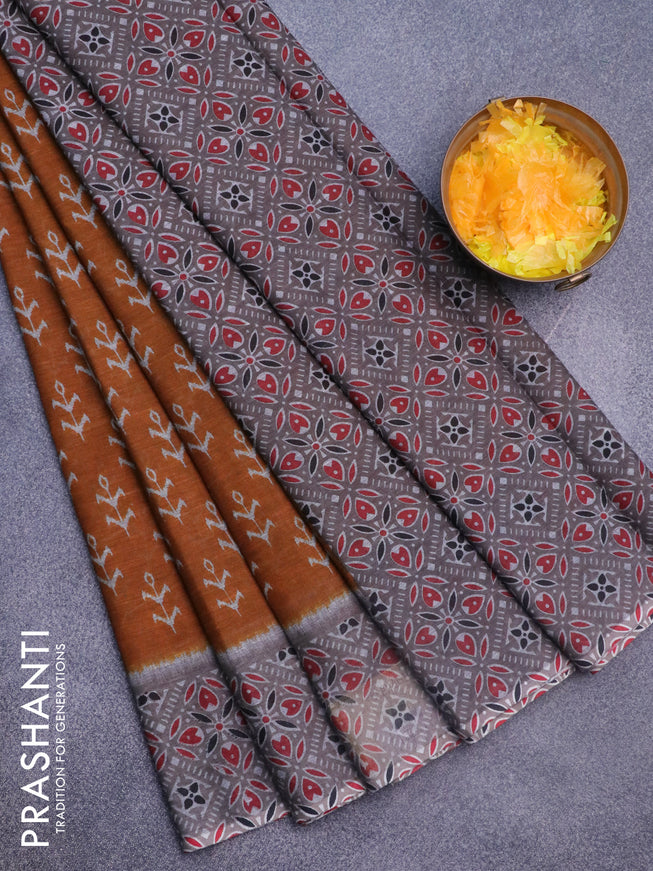 Muslin cotton saree dark mustard and grey with allover ikkat butta prints and printed border