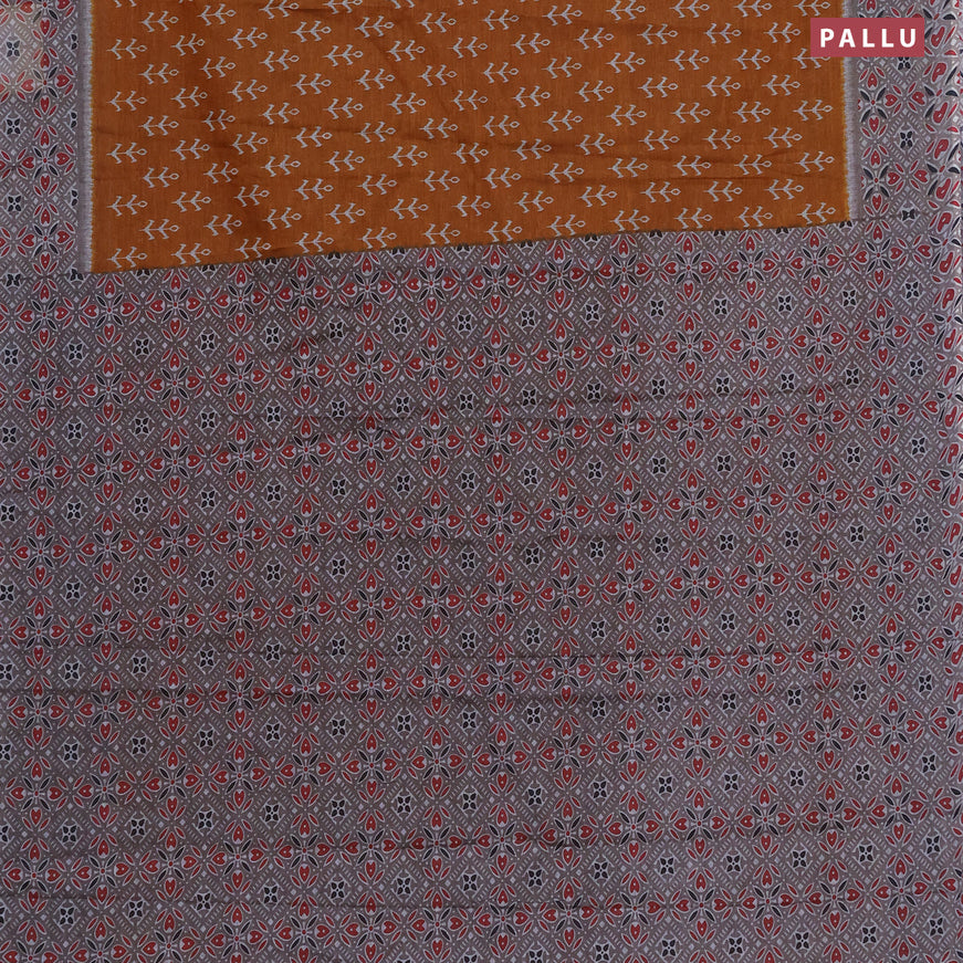 Muslin cotton saree dark mustard and grey with allover ikkat butta prints and printed border