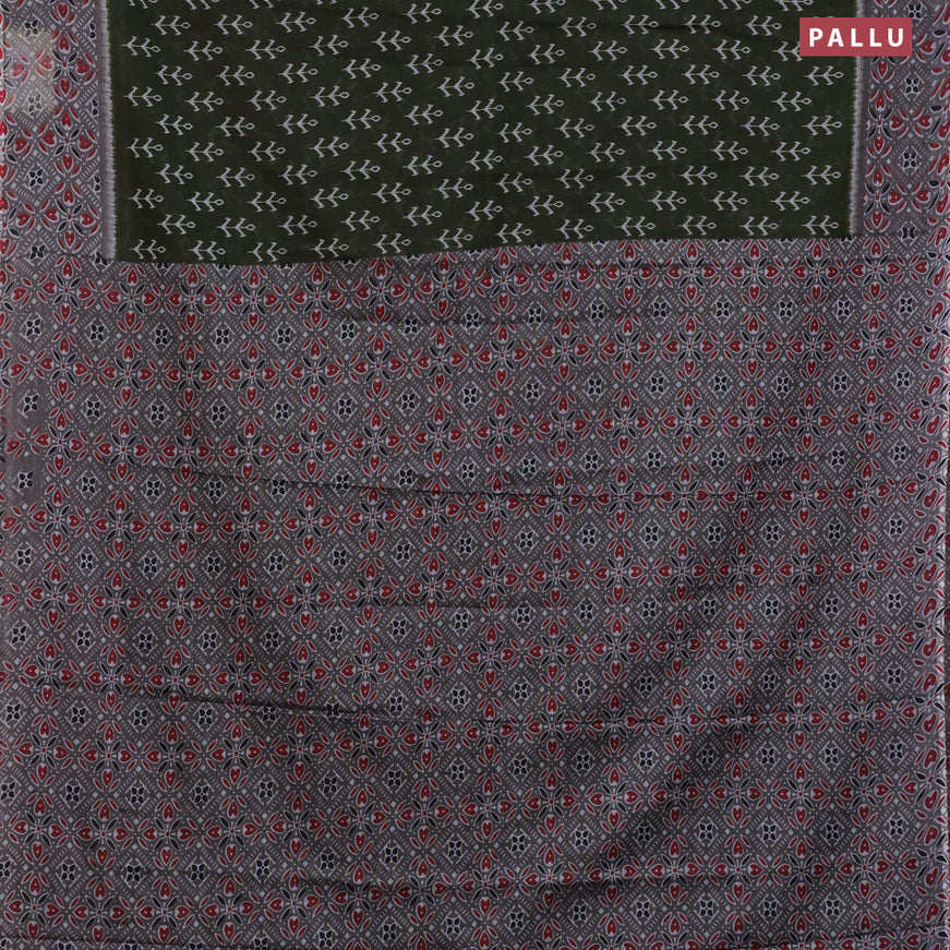 Muslin cotton saree sap green and grey with allover ikkat butta prints and printed border