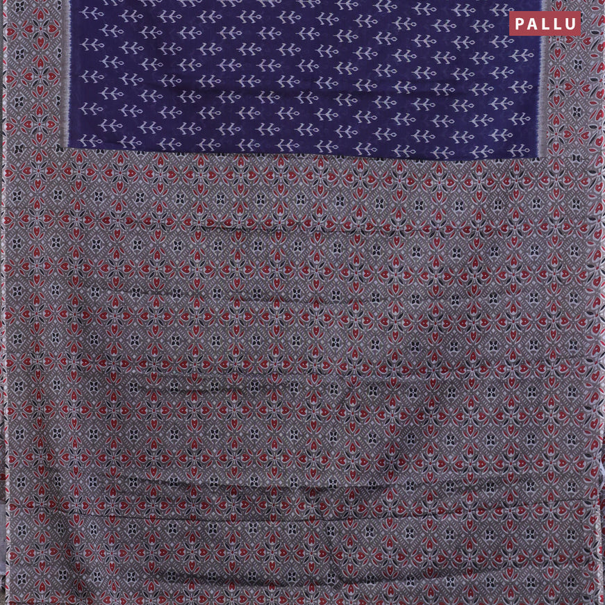 Muslin cotton saree navy blue and grey with allover ikkat butta prints and printed border