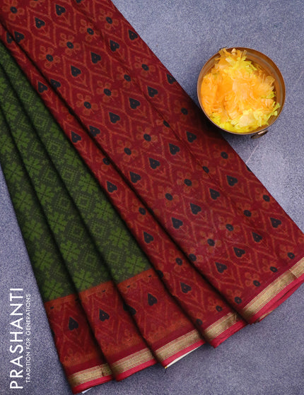 Muslin cotton saree sap green and maroon with allover ikkat prints and small zari woven border