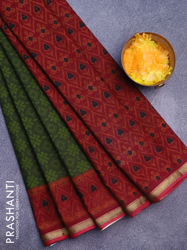 Muslin cotton saree sap green and maroon with allover ikkat prints and small zari woven border