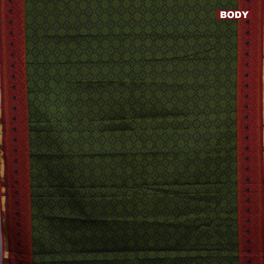 Muslin cotton saree sap green and maroon with allover ikkat prints and small zari woven border