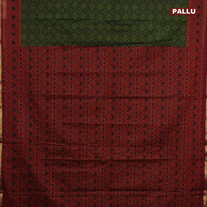 Muslin cotton saree sap green and maroon with allover ikkat prints and small zari woven border