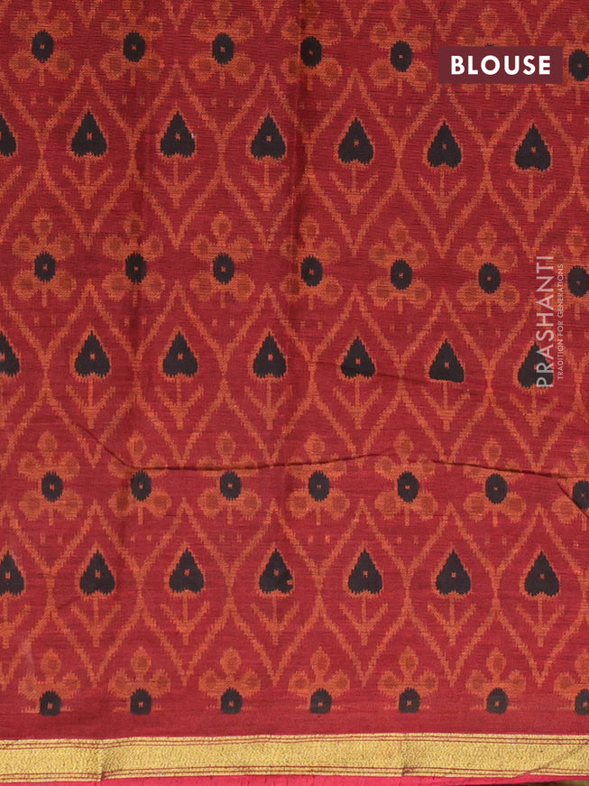 Muslin cotton saree sap green and maroon with allover ikkat prints and small zari woven border