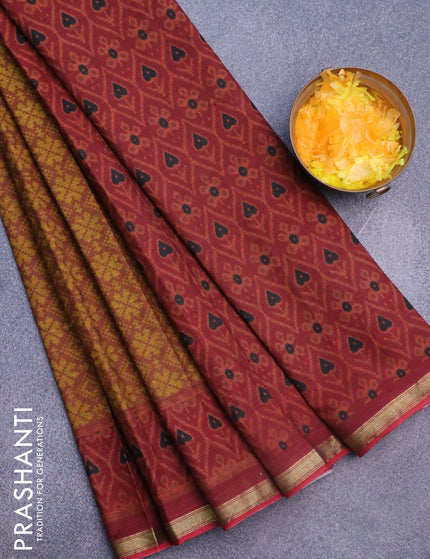 Muslin cotton saree rust shade and maroon with allover ikkat prints and small zari woven border