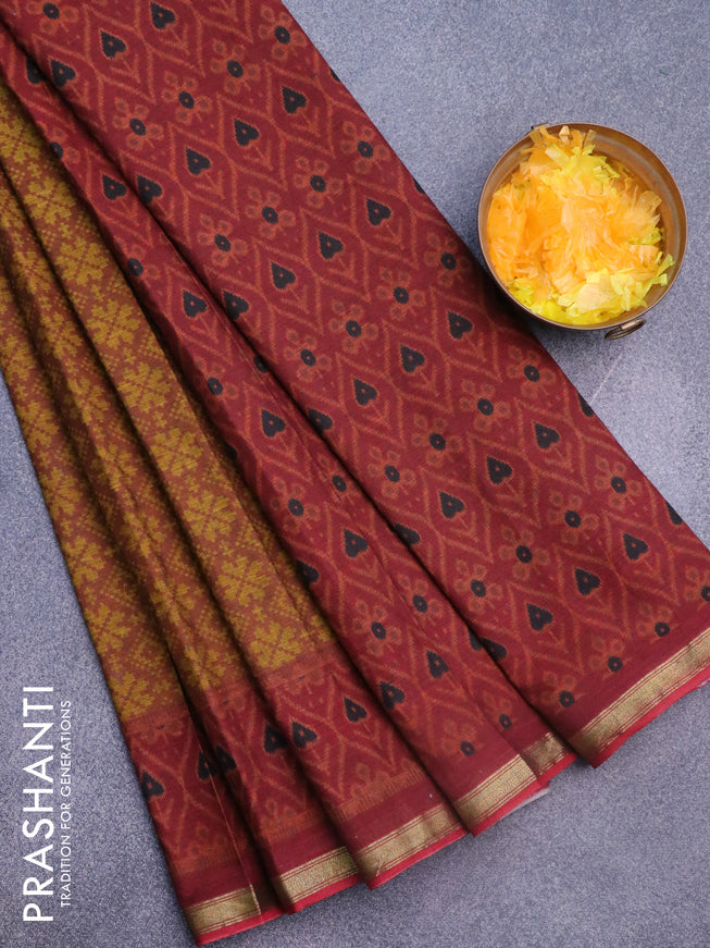 Muslin cotton saree rust shade and maroon with allover ikkat prints and small zari woven border