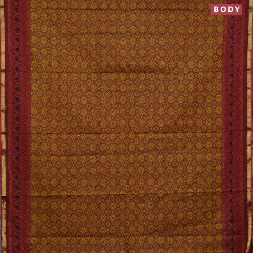 Muslin cotton saree rust shade and maroon with allover ikkat prints and small zari woven border