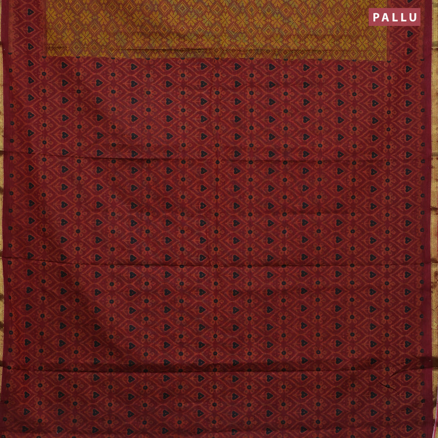 Muslin cotton saree rust shade and maroon with allover ikkat prints and small zari woven border