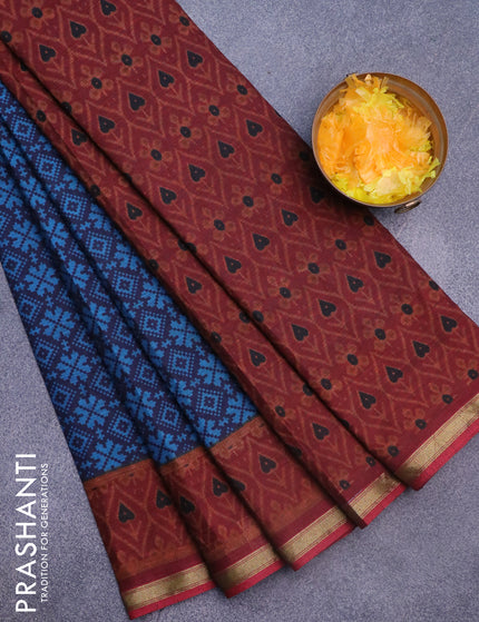 Muslin cotton saree navy blue and cs blue maroon with allover ikkat prints and small zari woven border