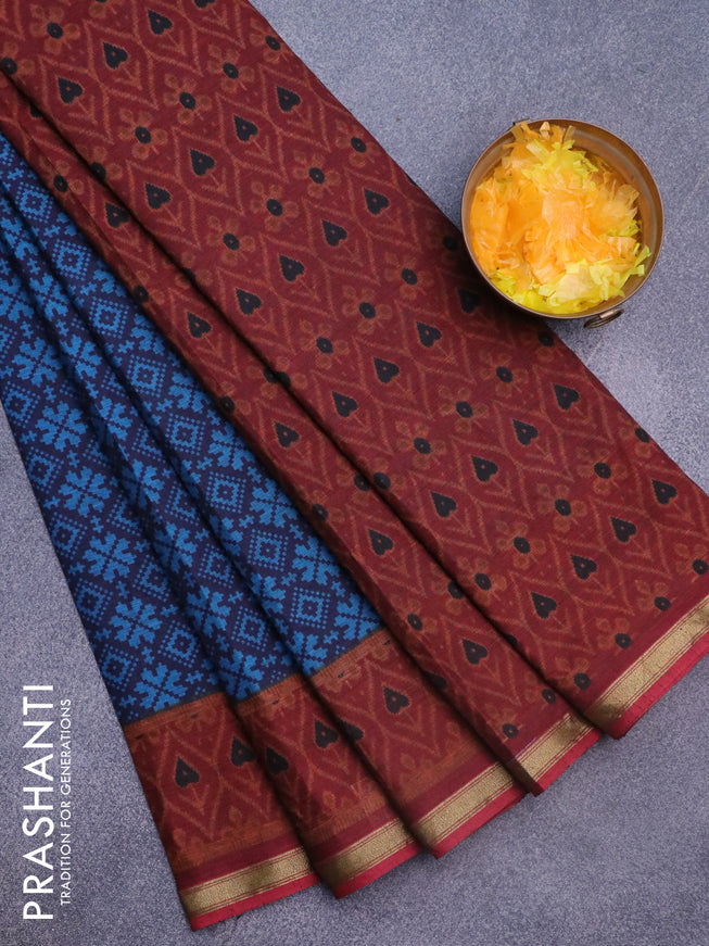 Muslin cotton saree navy blue and cs blue maroon with allover ikkat prints and small zari woven border