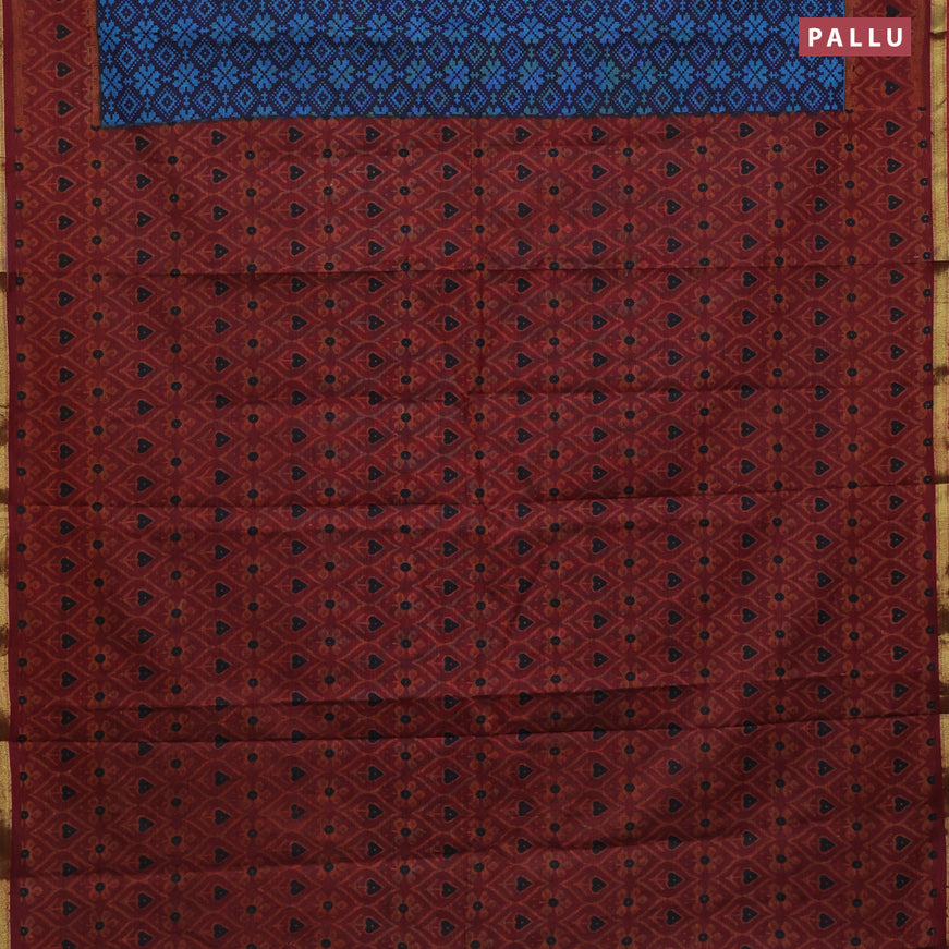 Muslin cotton saree navy blue and cs blue maroon with allover ikkat prints and small zari woven border