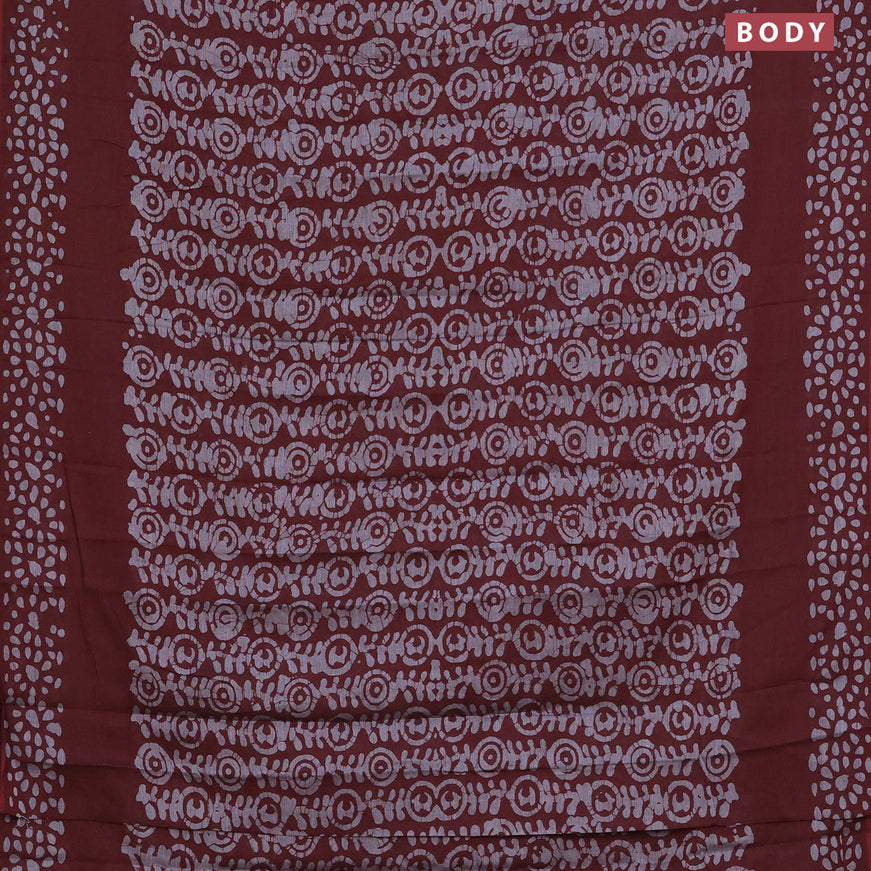 Muslin cotton saree dark maroon and grey with allover batik prints and printed border